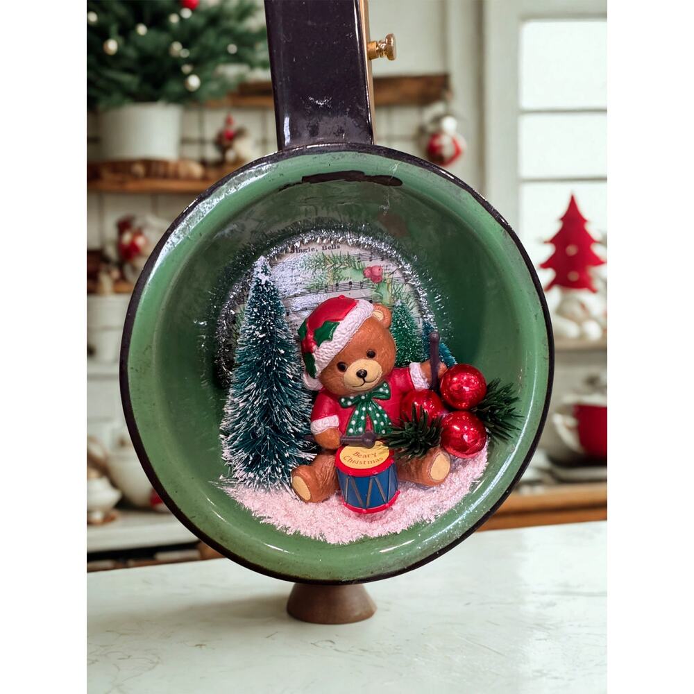 Price Reduced Vintage Enamel Pot Christmas Assemblage “Beary Christmas”